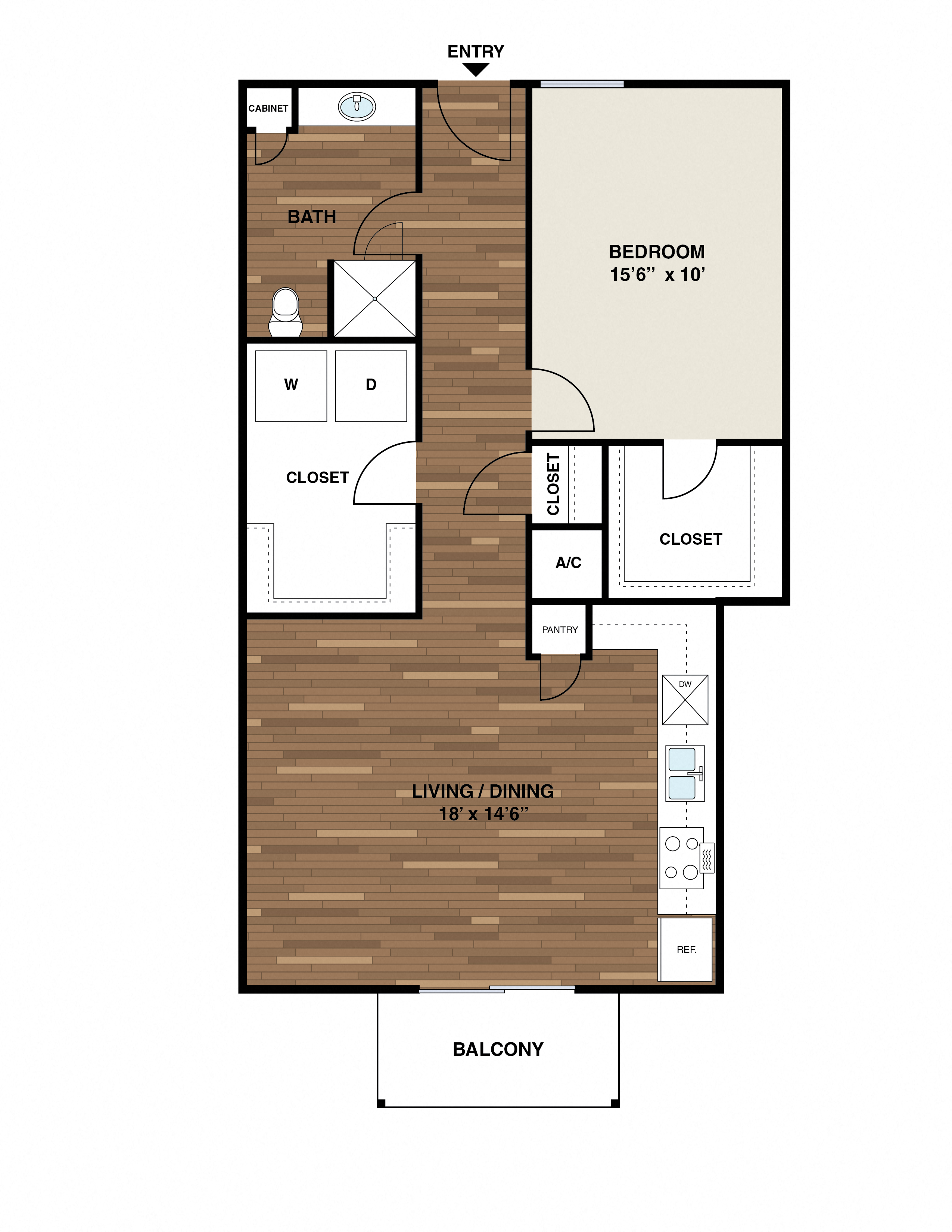 Floor plan for 1 bed, 1 bath, 700 sqft